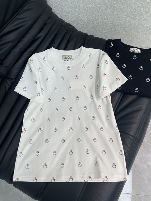 Hermes White Ring Print Cotton T-Shirt for Daily Elegance