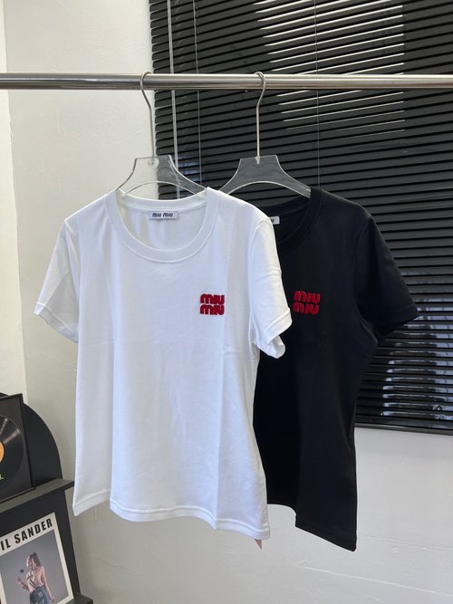 Miu Miu Cotton Short-Sleeve T-Shirt with 3D Red Letters