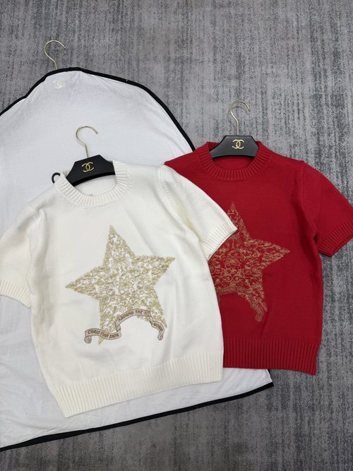 Dior Embroidered Star Pattern Wool Short Sleeve Top