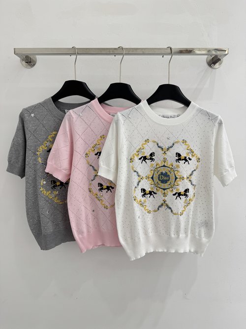 Dior Lightweight Round - Neck Short - Sleeve Embroidered Knit Top