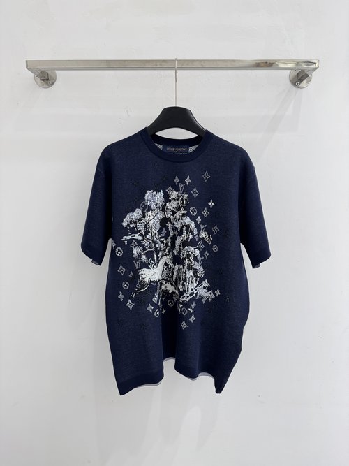 Dior Simple Round - Neck Short - Sleeve Knit Top with Embroidery