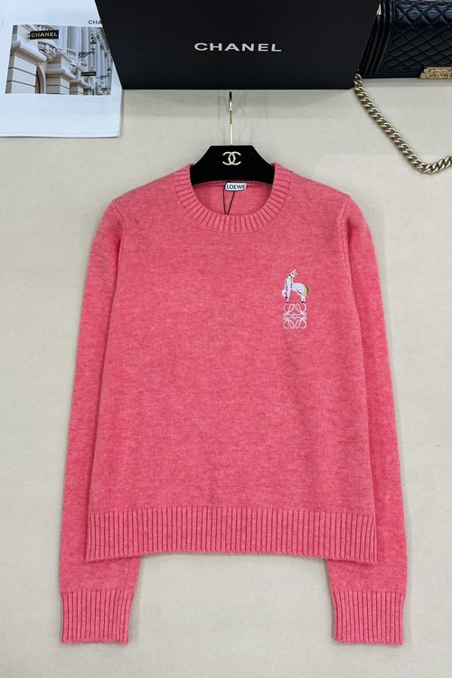 Loewe Cozy Wool Blend Knit Long Sleeve, Pony Embroidery Detail