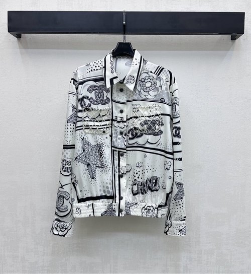 Chanel Beaded Printed Shirt with Pearl Mesh Pocket