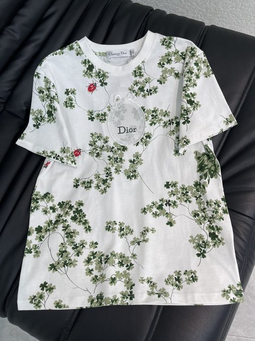 Dior Four - Leaf Clover Insect Print T-Shirt with 3D Bow Embroidery