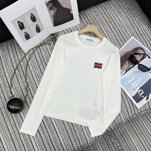 Miu Miu Elegant Spring Embroidered Long Sleeve Tee for Sophisticated Tastes