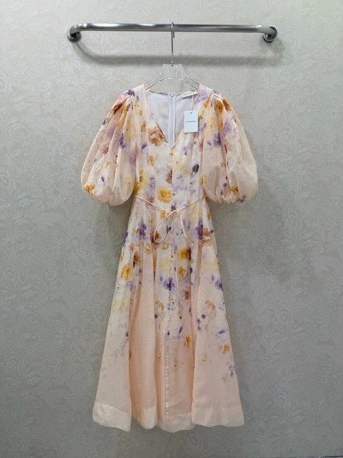 Zimmermann Zimmerman Print Long Dress with Bubble Sleeves