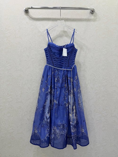 Zimmermann Mermaid Print Sling Dress with Pearl Waistband