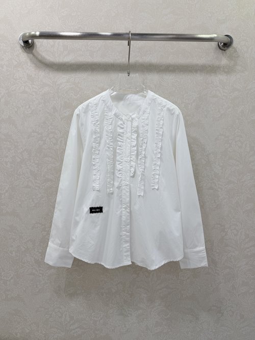 Miu Miu Round-neck Ruffled Long-sleeved Cotton Shirt