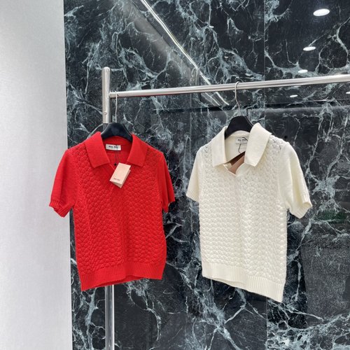 Miu Miu Polo Collar Knit Short Sleeve with Fan Cutouts