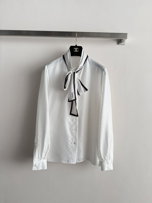 Chanel Silk Blouse with Jacquard Pattern and Adjustable Ribbon