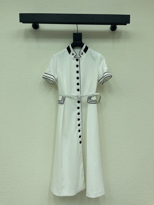 Dior Stand - Collar Striped Belted Dress with Bee Embroidery