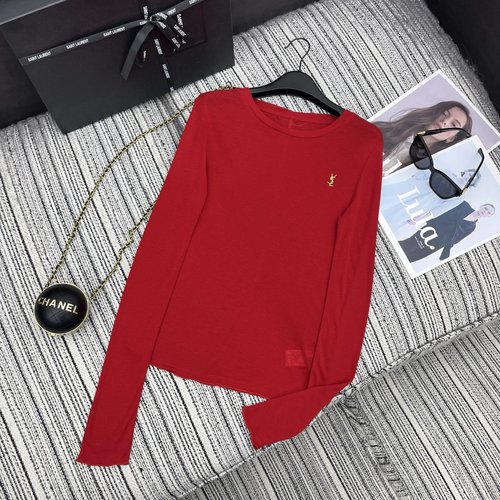 Yves Saint Laurent YSL Round Neck Long-sleeved Top with Gold Embroidered Letters