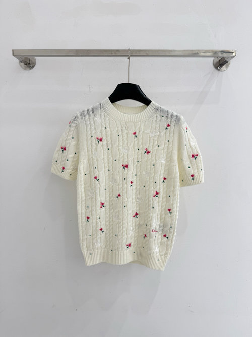 Dior Knit Short-Sleeve Top with Bird and Flower Embroidery