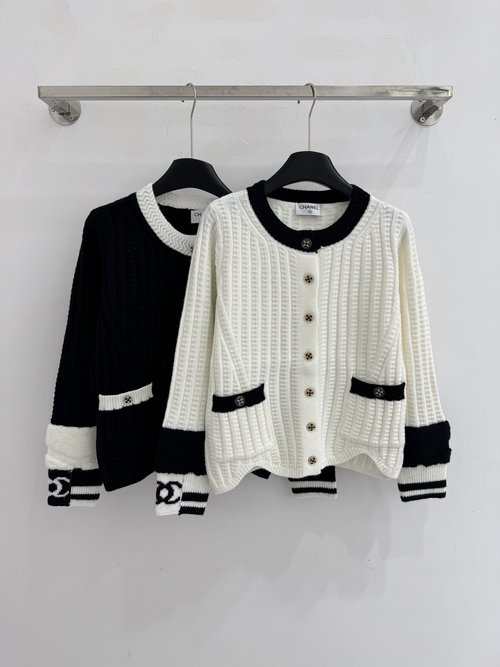 Chanel Round Neck Cardigan with Contrasting Splicing in Black, Beige