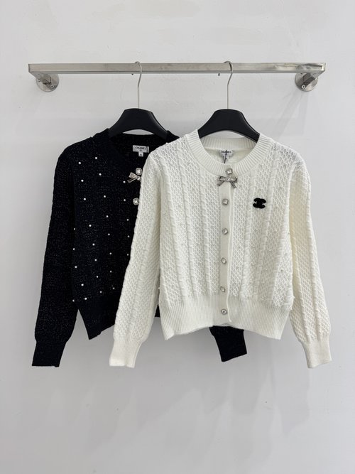 Chanel Round Neck Cardigan Sweater with Butterfly Brooch in White, Black