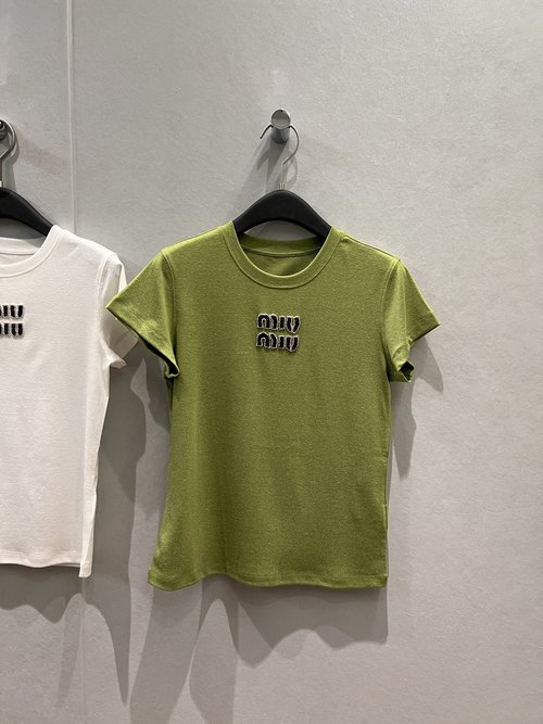 Miu Miu Diamond-Studded Pineapple Bead Round-Neck Linen Blend T-Shirt