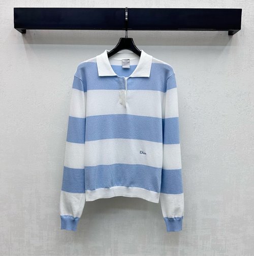 Dior Striped Semi-Open Collared Top with Brand Logo