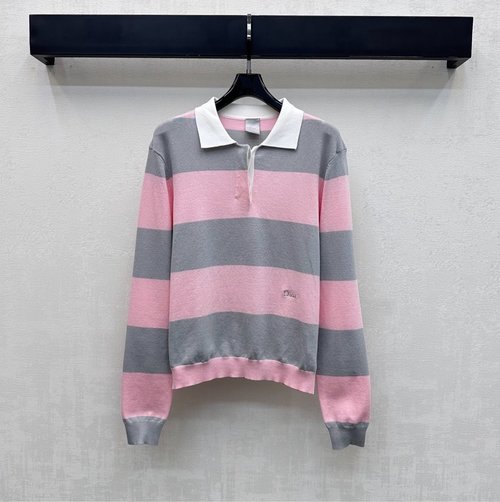 Dior Striped Semi-Open Collared Top with Brand Logo