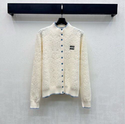 Miu Miu Classic Stand-up Collar Knitted Cardigan with Logo and Color Blocking