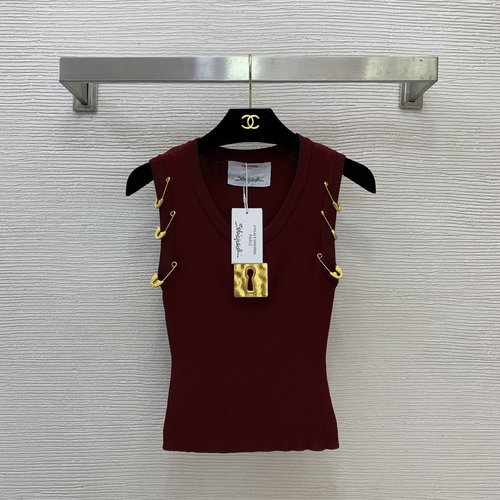 Schiaparelli Golden Pin Decorated Slim-Fit Knit Tank Top in Red, Brown, Black