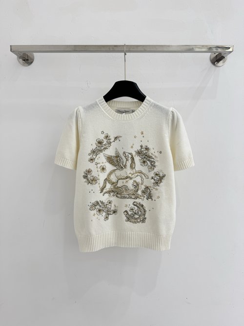 Dior Round-Neck Short-Sleeved Knit with Embroidered Patterns