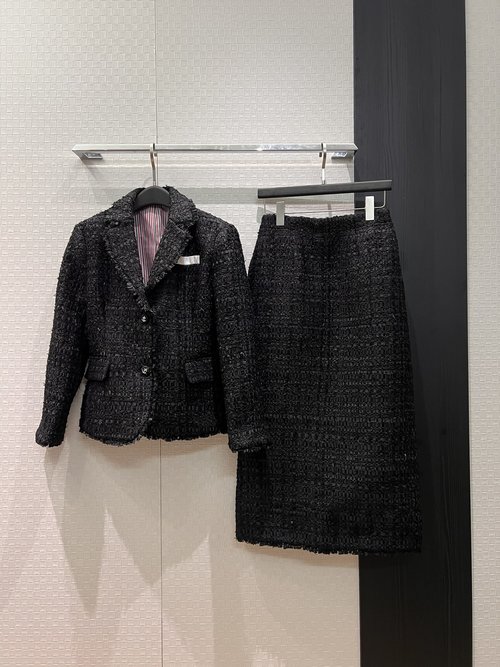 Thom Browne TB Style Satin Ribbon Tweed Suit with Wrap Skirt