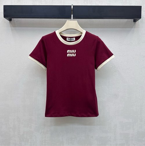 Miu Miu Round - Neck T - Shirt with 3D Logo and Color - Contrast Trim