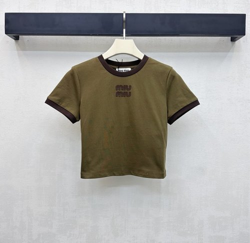 Miu Miu Round - Neck Short T - Shirt with 3D Logo and Brown Trim