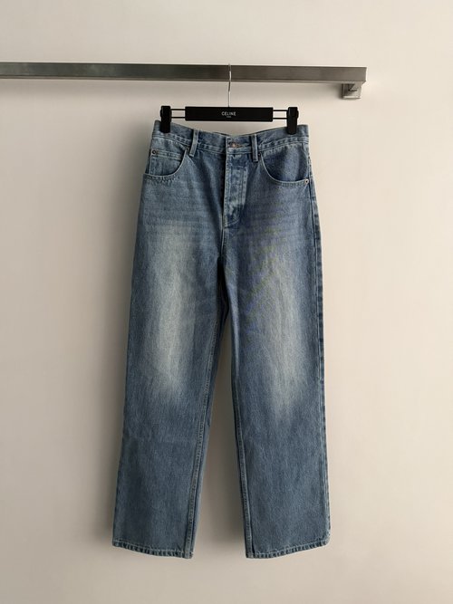 Celine Heavy Washed Denim Jeans with Leather Patch