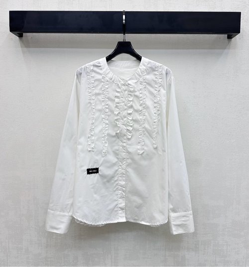 Miu Miu Emblem Ruffled Collar Shirt, Versatile and Elegant