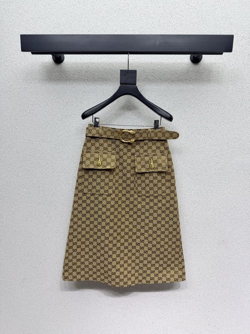 Gucci Khaki Jacquard Long Skirt with Belt, Elegant
