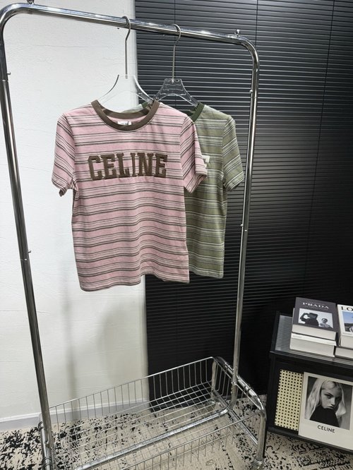 Celine Imported Striped Print Cotton Top with Logo