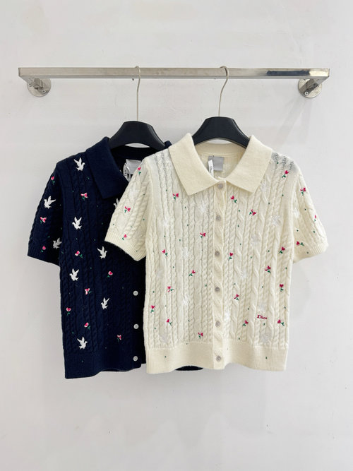 Dior Short - Sleeve Knit Cardigan with Bird and Flower Embroidery