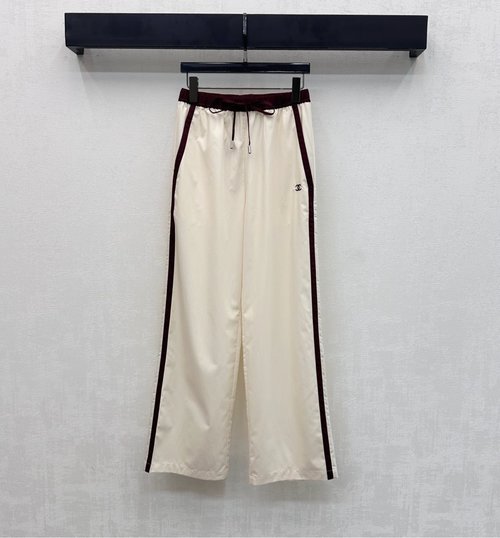 Chanel Spliced Color-block Loose Straight Pants with Embroidered Logo