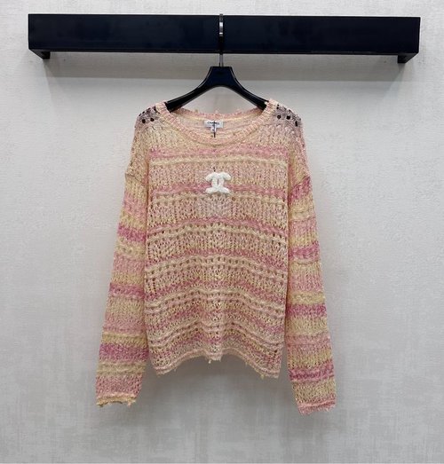 Chanel Hollow Color-blocked Knit Top with White Double C Emblem