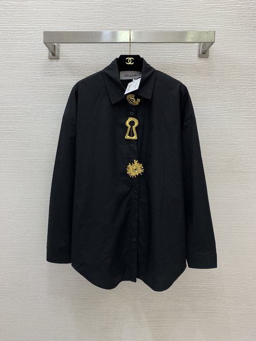 Schiaparelli Cotton Shirt with Detachable Gold Pin and Loose Fit