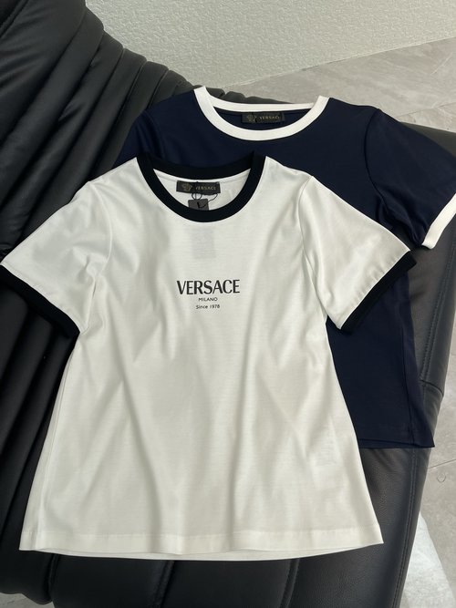 Versace Classic Logo Printed Crew Neck Tee with Retro Sporty Appeal