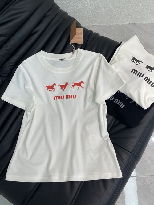 Miu Miu Horse Print Letter Slim-Fit Silky Cotton T-Shirt