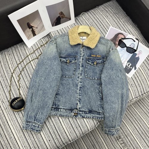 Miu Miu Denim Jacket with Lamb Wool Collar