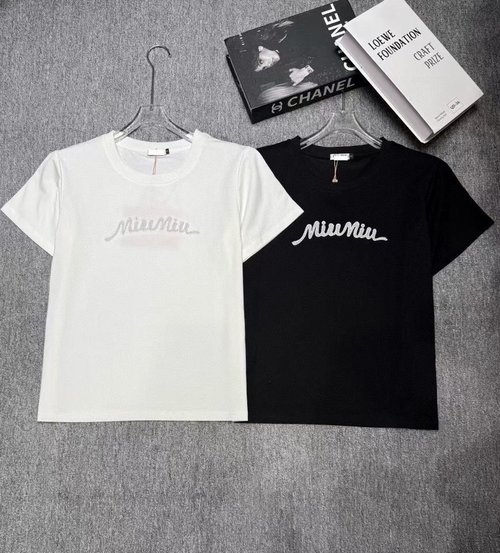 Miu Miu Soft and Elastic Embroidered Bead T-Shirt in Classic Colors