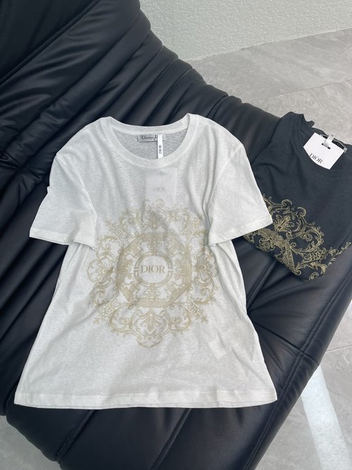 Dior Golden Badge and Letter Print Cotton Short-Sleeve T-Shirt