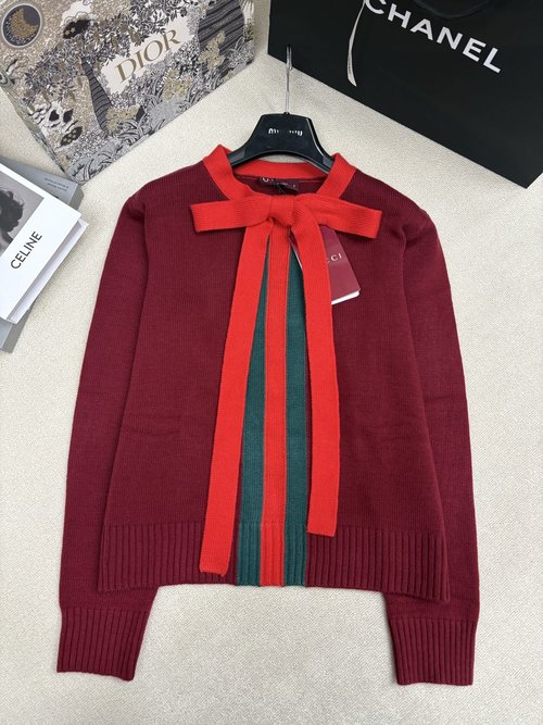 Gucci Three-Color Stripes and Bow Knitted Round-Neck Pullover