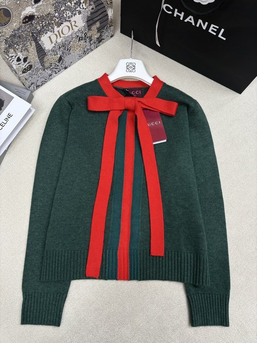 Gucci Three-Color Stripes and Bow Knitted Round-Neck Pullover