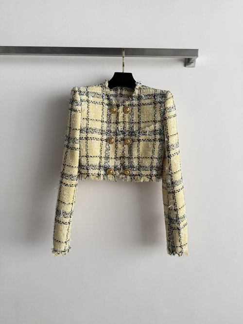 Balmain Black and Gold Scottish Plaid Tweed Jacket with Gold Buttons