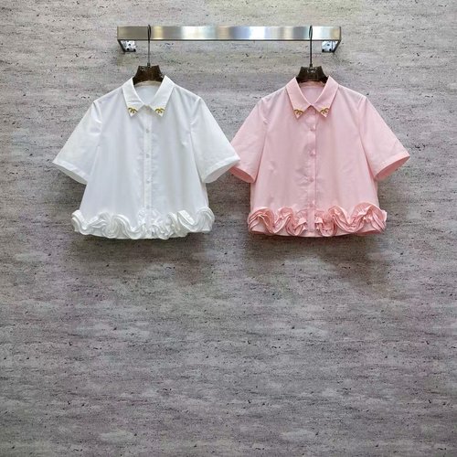 Chanel Cute Cotton Short-Sleeve Blouse in White or Pink