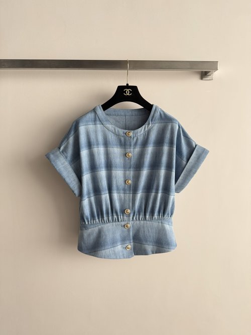 Chanel Light Blue Striped Short-Sleeved Top with Metal Buttons