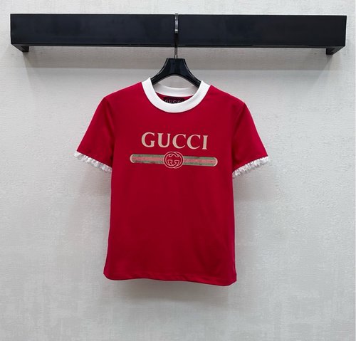 Gucci Imported Cotton Round Neck T-Shirt with Logo and Lace