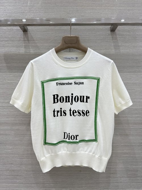 Dior Letter Embroidery Knit Short Sleeve Top with Wool