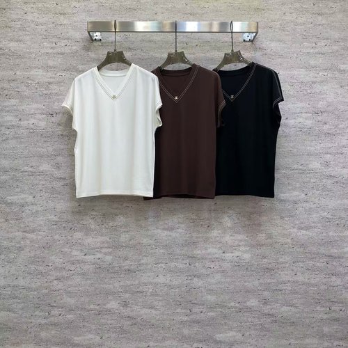 Chanel V-Neck Mercerized Cotton T-Shirt, Three Colors