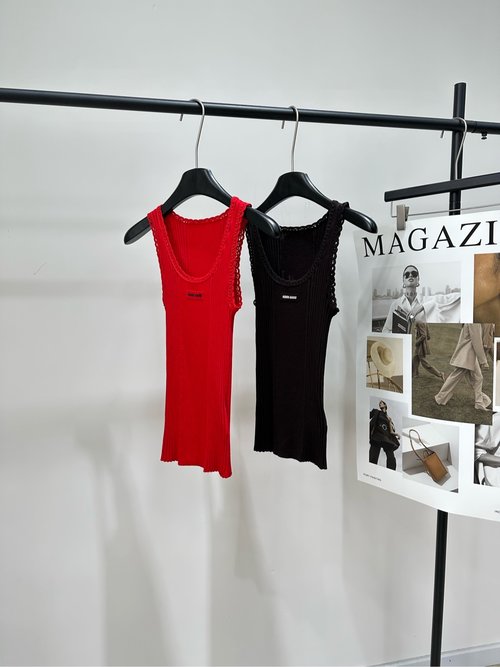 Miu Miu Red and Black - Brown Lace Trimmed Knit Tank Top